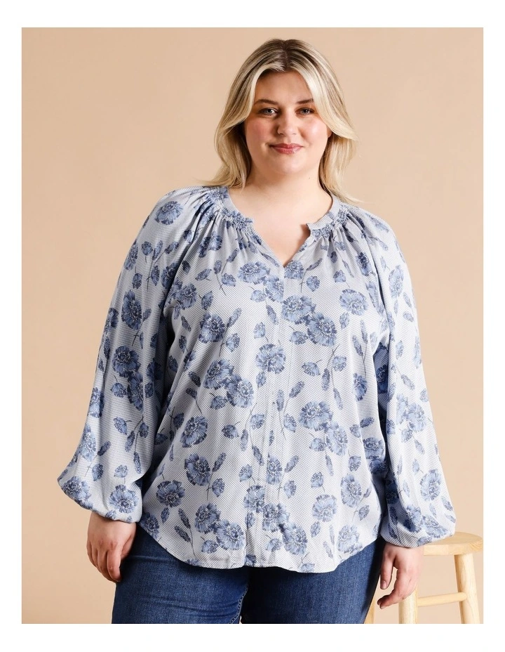 Long Sleeve Shirred Neck Top In Blue Tonal Floral