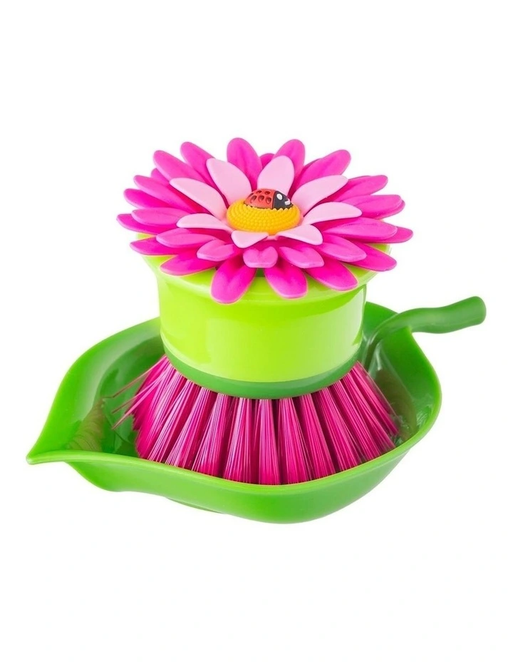 Vigar Flower Power Non-Scratch Palm Dish Brush With Holder in Pink