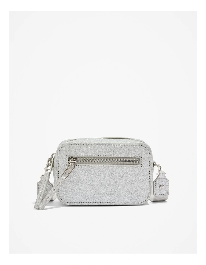 Recycled Polyester Logo Crossbody Bag in Silver Glitter