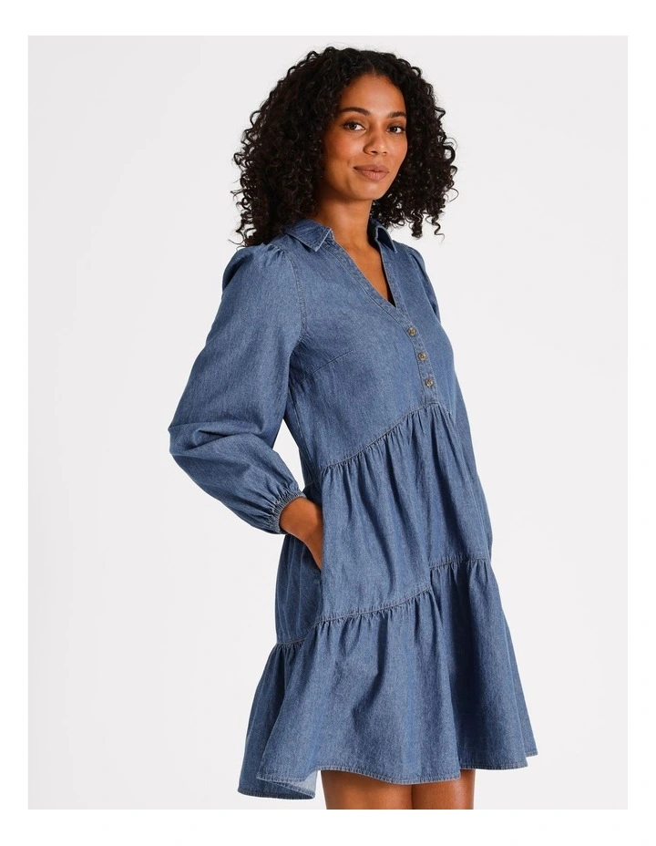 Organic Relaxed Tiered Shirt Dress in Denim