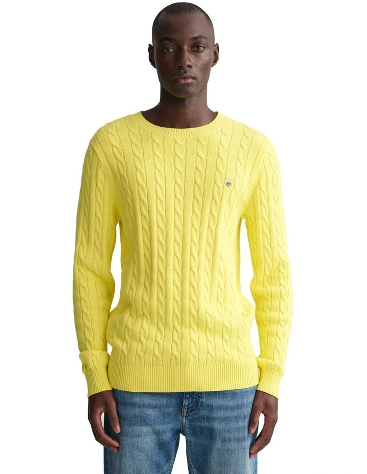 Cotton Cable Knit Crew Neck Sweater in Yellow