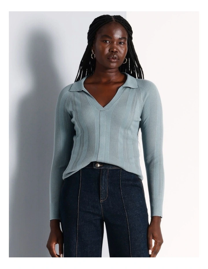 Rib Polo Knit in Teal