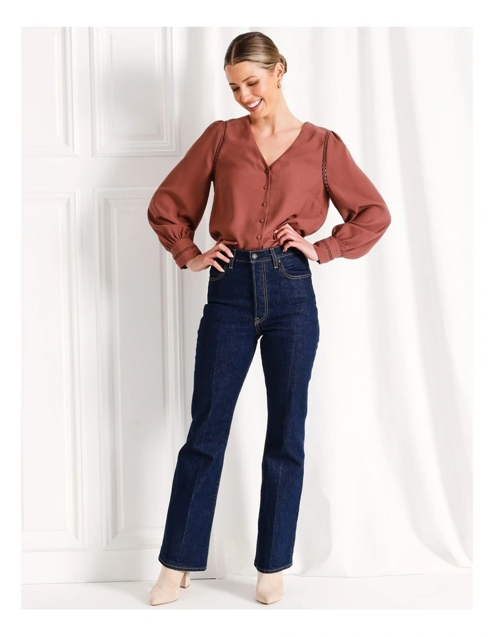 Lace Trim V-Neck Button Front Top in Rouge