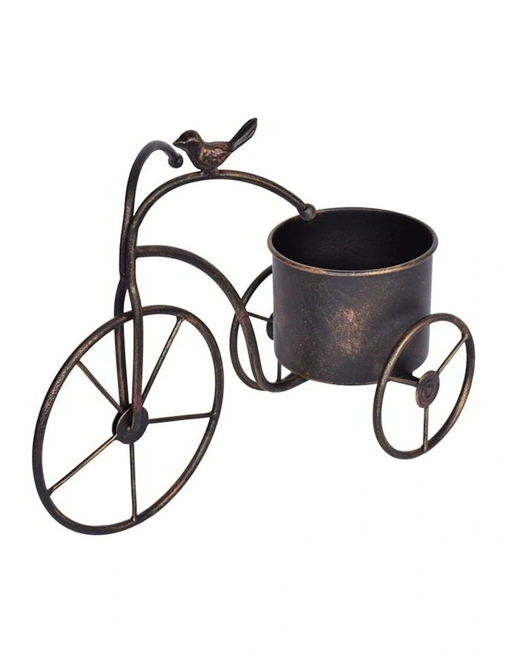 Designer Bicycle Metal Pot Planter with Bird in Gold