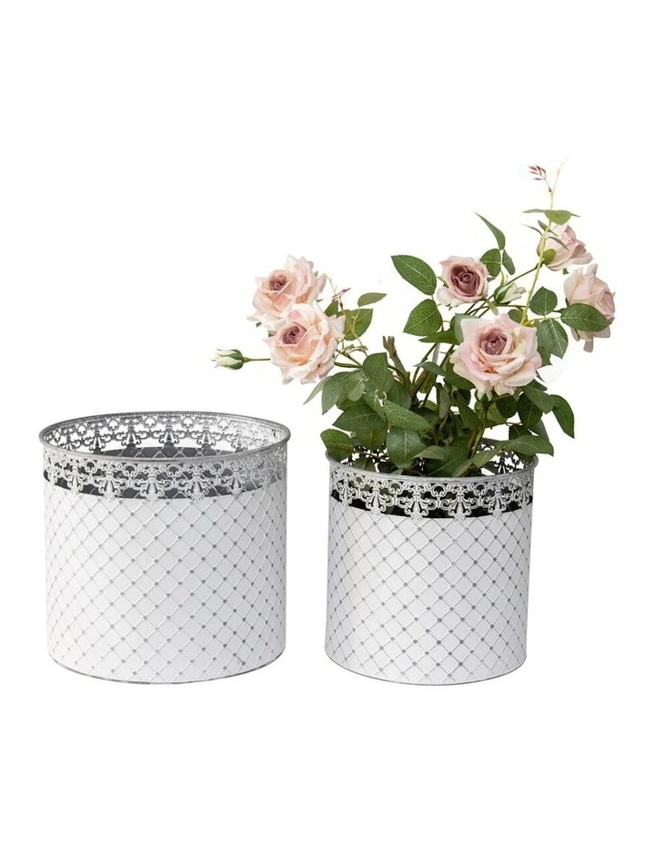 Nested Designer Round Planter Buckets Set of 2 in White