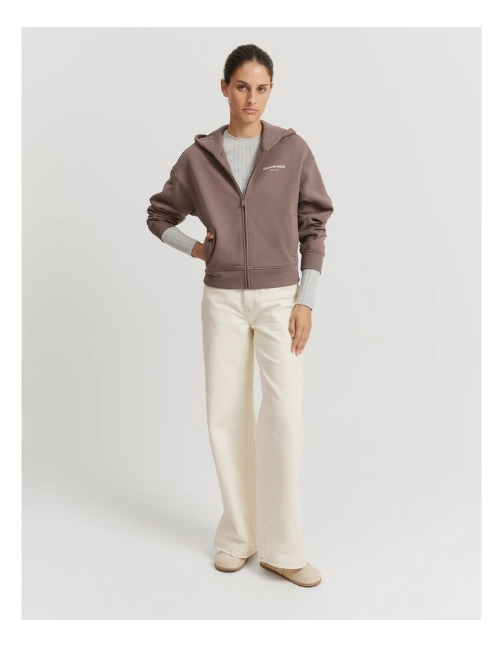 Australian Cotton Crop Zip Hooded Sweat Top in Truffle