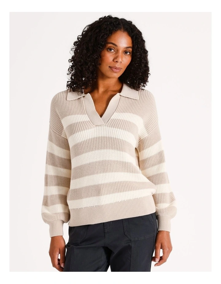 Organic Collared Striped Jumper in Taupe