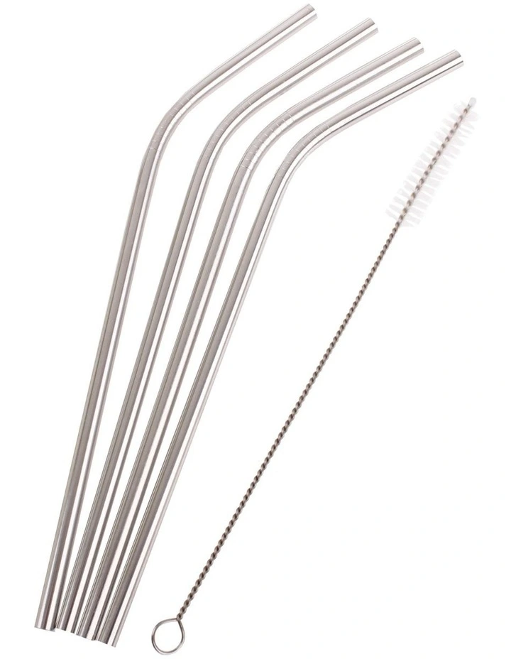 Stainless Steel Bent Drinking Straws Set 4 with Brush