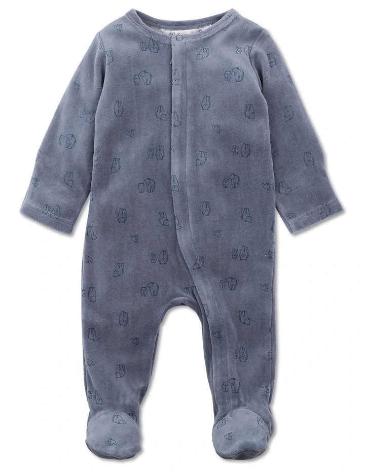 Myles Bear Print Velour Long Sleeve Zip Onesie in Indigo Blue