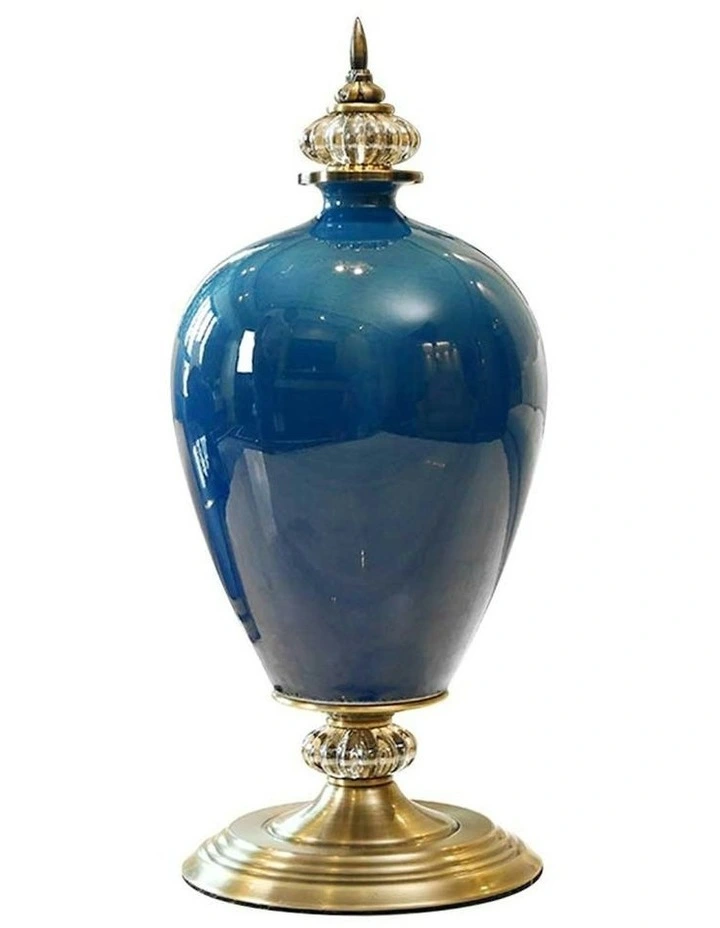 Ceramic Oval Flower Vase with Metal Base 42cm in Dark Blue
