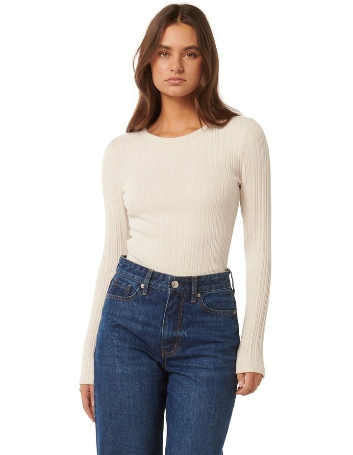 Meghan Rib Crew Neck Top in Beige