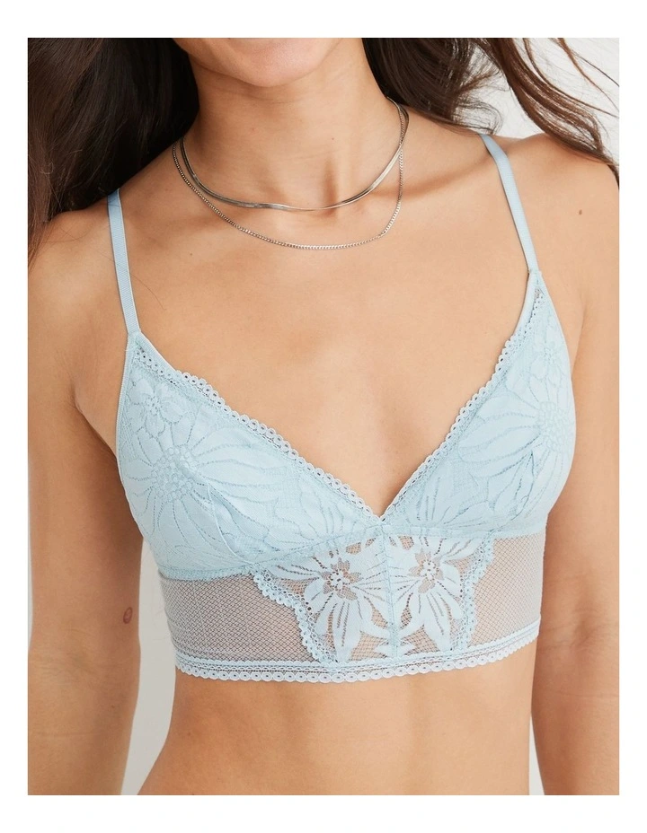 Hibiscus Lace Padded Longline Bralette Bra in Blue Breeze