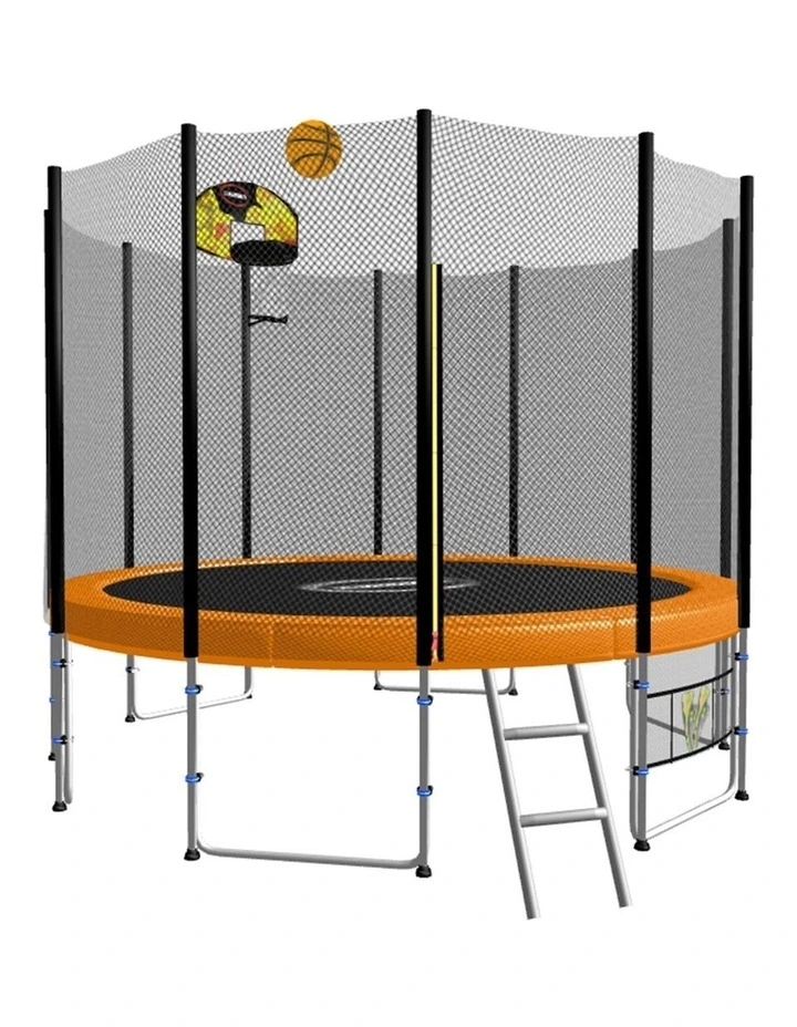 8ft Round Spring Trampoline with Net, Pad, Ladder and Basketball Set Orange