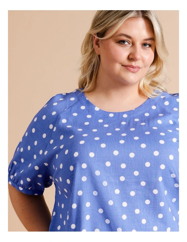 Sustainable Viscose Raglan Short Sleeve Top in Blue/ White Spot