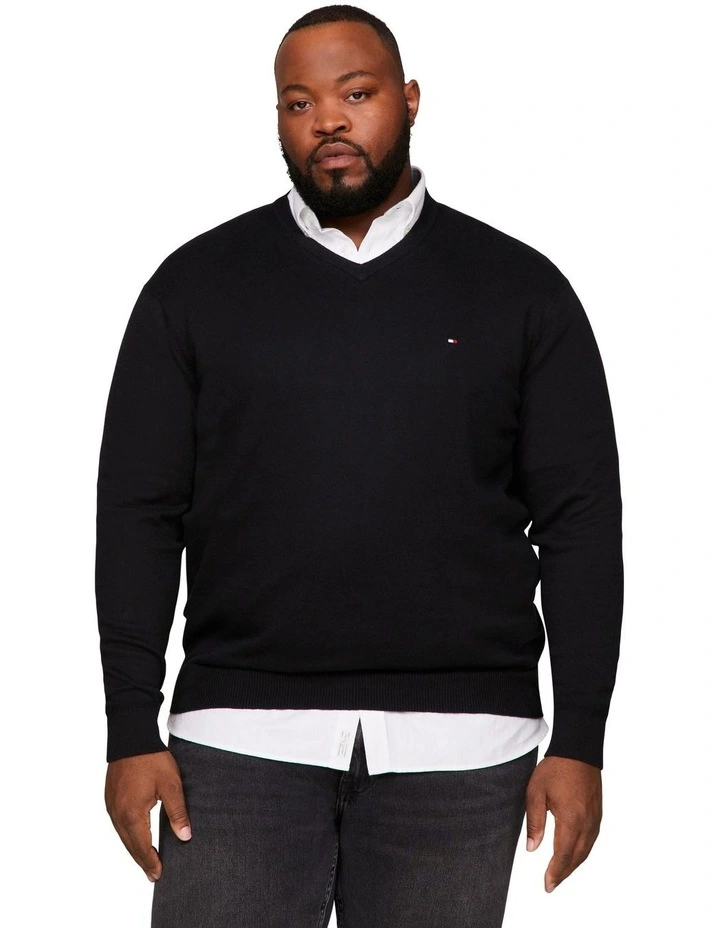 Big & Tall Pima Organic Cotton Cashmere V-Neck Knit in Black