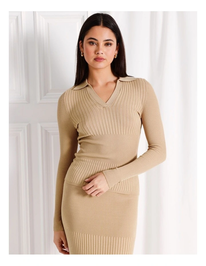 Co-Ord Variegated Rib V Neck Knit Polo in Stone