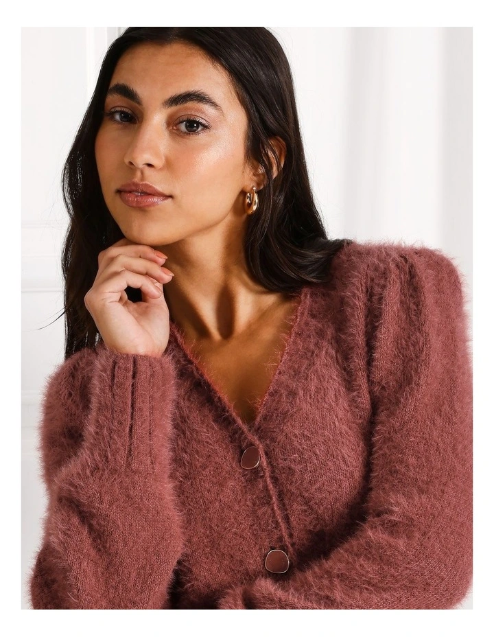 Recycled Blend V-Neck Fluffy Knit Cardigan in Rouge