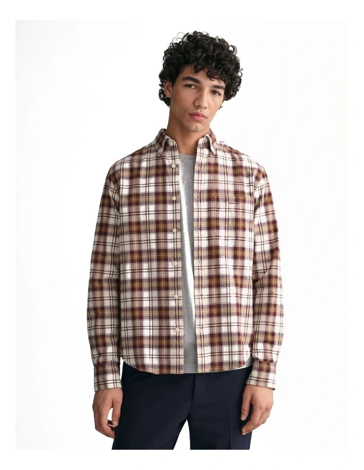 Regular Fit Checked Brushed Oxford Shirt in Mustard Beige