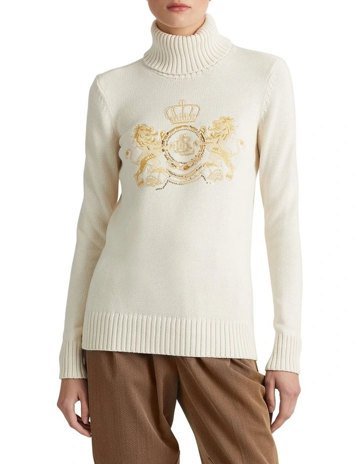 Intarsia-Knit Cotton Turtleneck Sweater in Beige