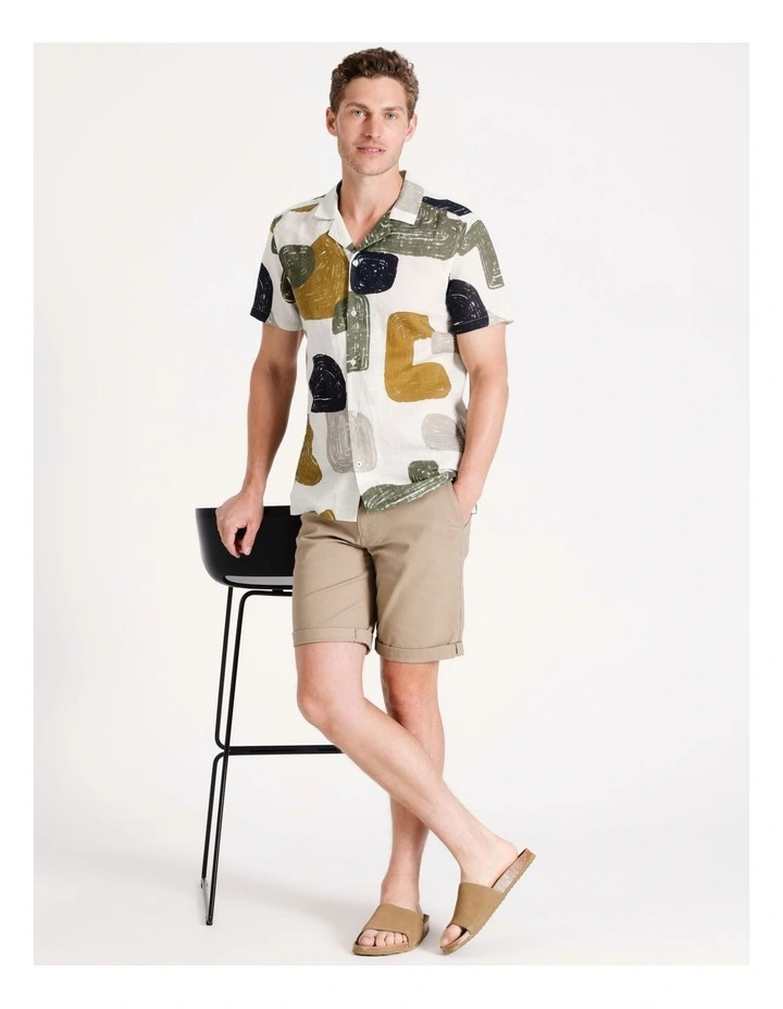 Emilio Abstract Print Short Sleeve Linen Blend Shirt in White