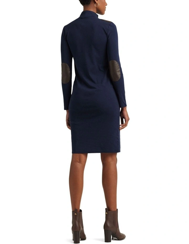 Faux Leather Trim Stretch Cotton Dress in Blue