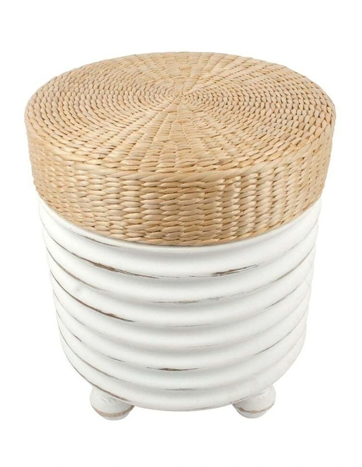 Round Side Table Cum Cushion Stool in Distressed White/Natural