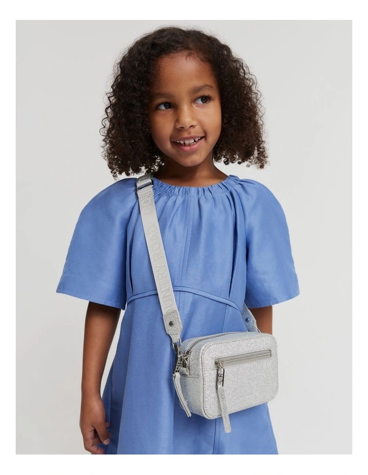 Recycled Polyester Logo Crossbody Bag in Silver Glitter