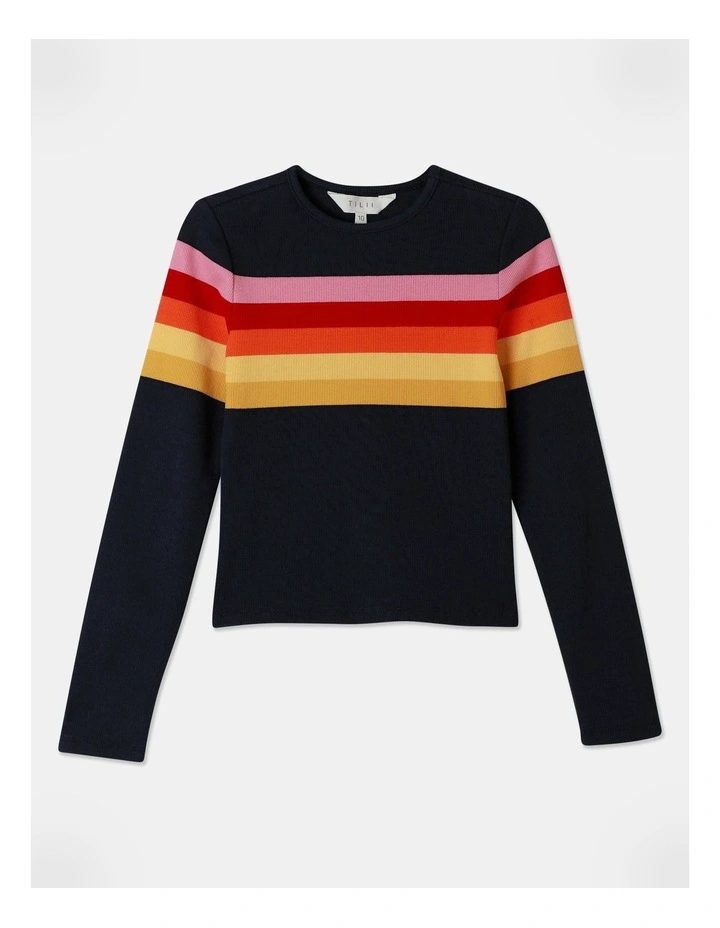Long Sleeve Rib Stripe Top in Navy