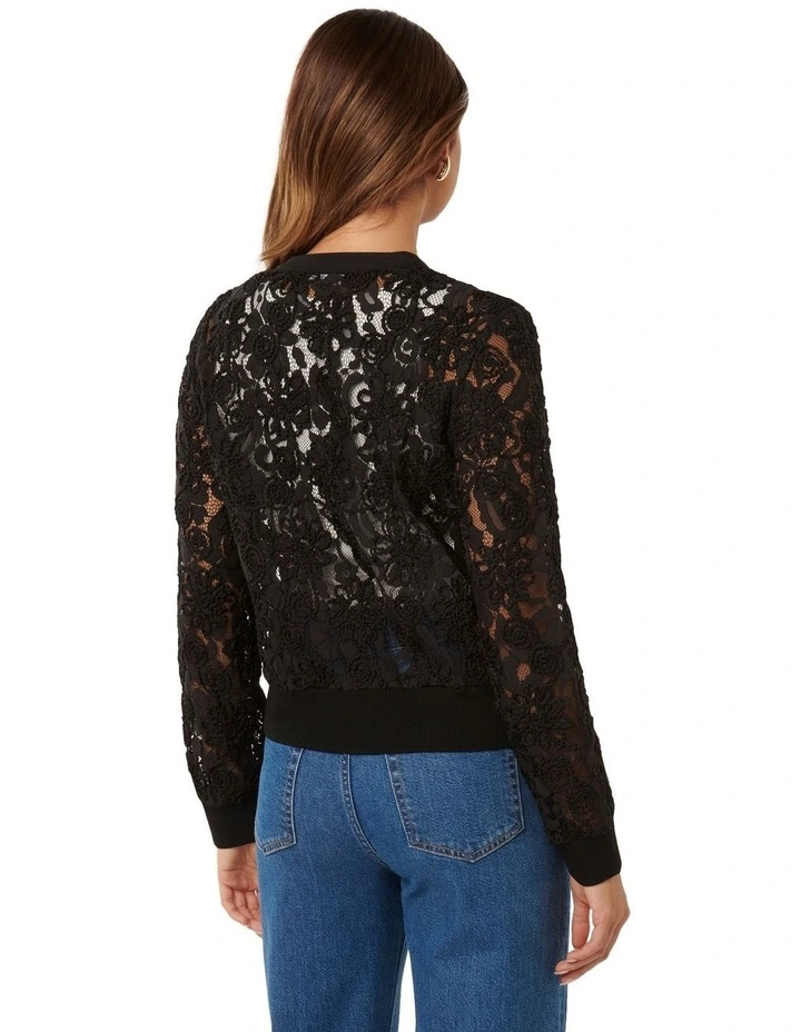 Riley Lace Mixed Knit Bomber Jacket in Black