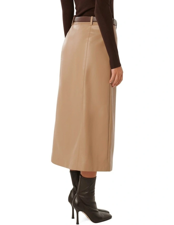 Katy Vegan Leather Belted Midi Skirt in Brown