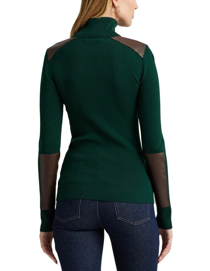 Faux-Leather-Trim Ribbed Turtle neck Top in Green