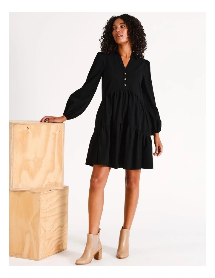 Organic Relaxed Tiered Shirt Dress in Black