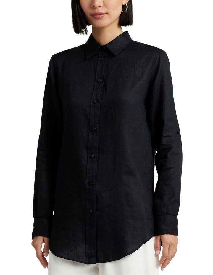 Relaxed Fit Linen Roll Tab-Sleeve Shirt in Black