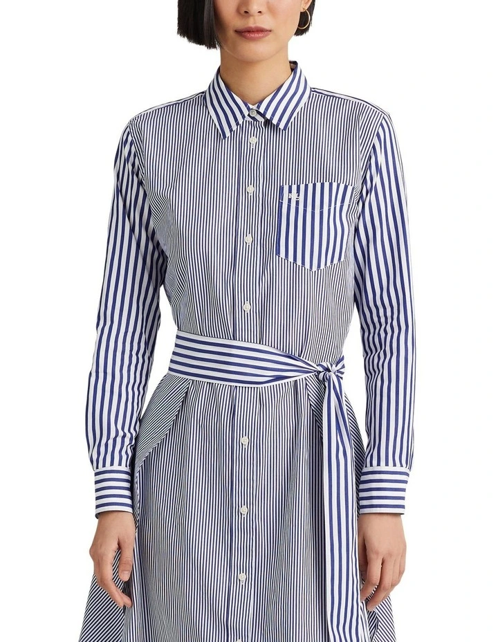 Striped Cotton Broadcloth Shirtdress in Blue
