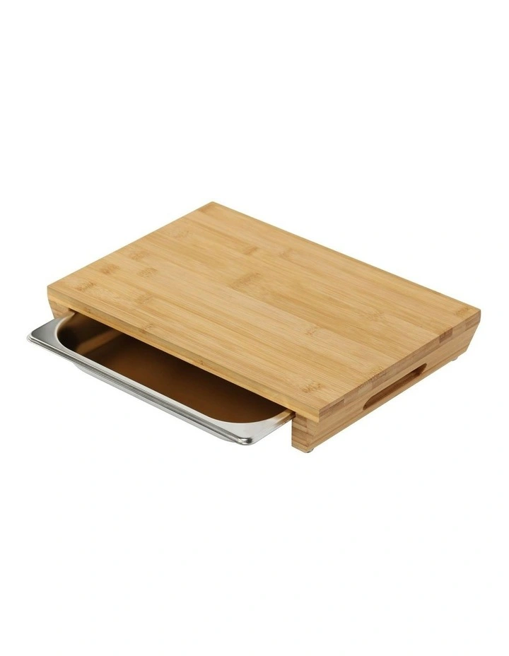 Bamboo Cutting Board With Stainless Steel Tray 39x27x6.5cm in Natural