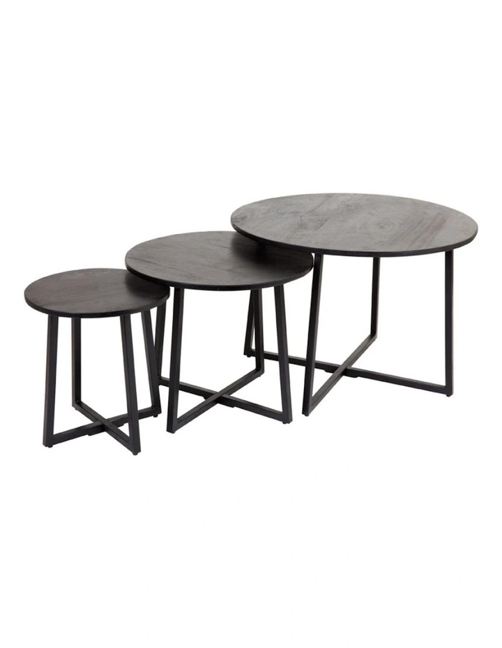 Rio Solid Wood Round Nested Coffee Table Set Of 3 in Black