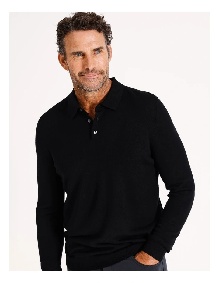 Australian Merino Knitted Long Sleeve Polo Black
