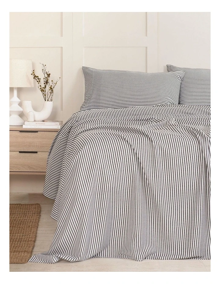Luxury Striped Linen Blend Queen Sheet Set in Charcoal