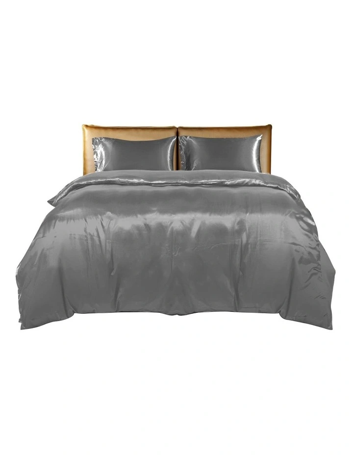 Silky Satin Bedspread Pillowcases Summer King Single Quilt Cover Set in Grey
