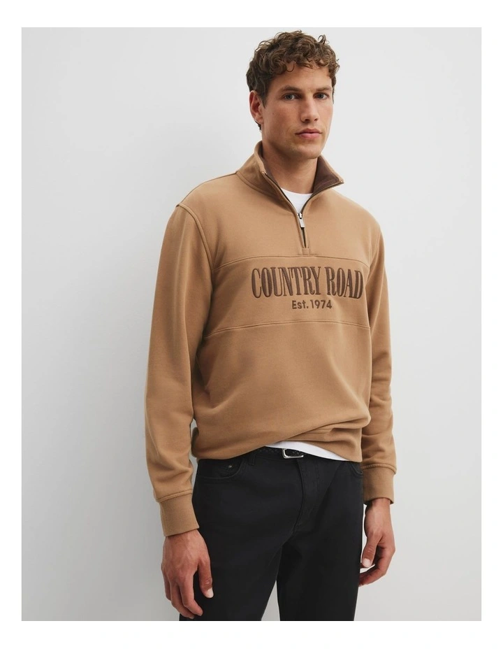 Verified Australian Cotton Half Zip Heritage Sweat in Walnut