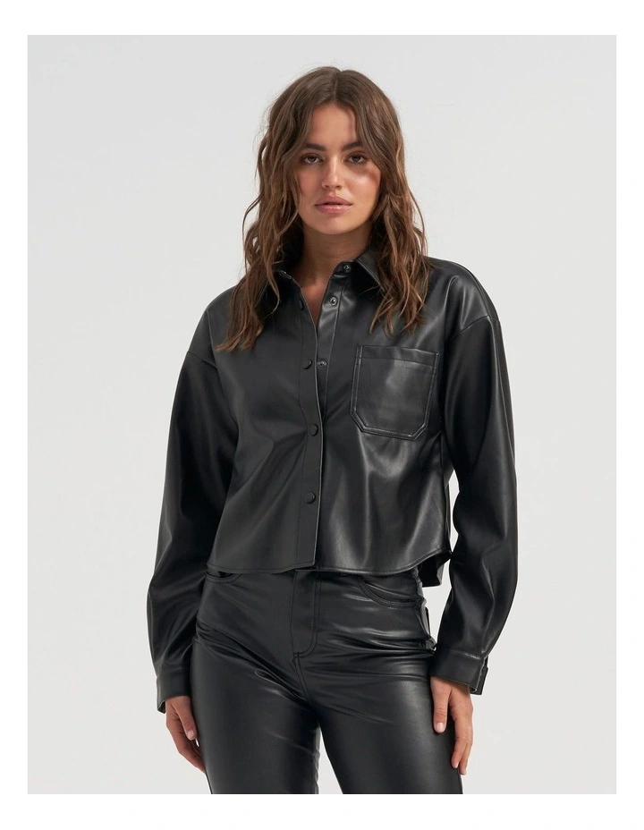 Blake Cropped Faux Leather Shirt in Black