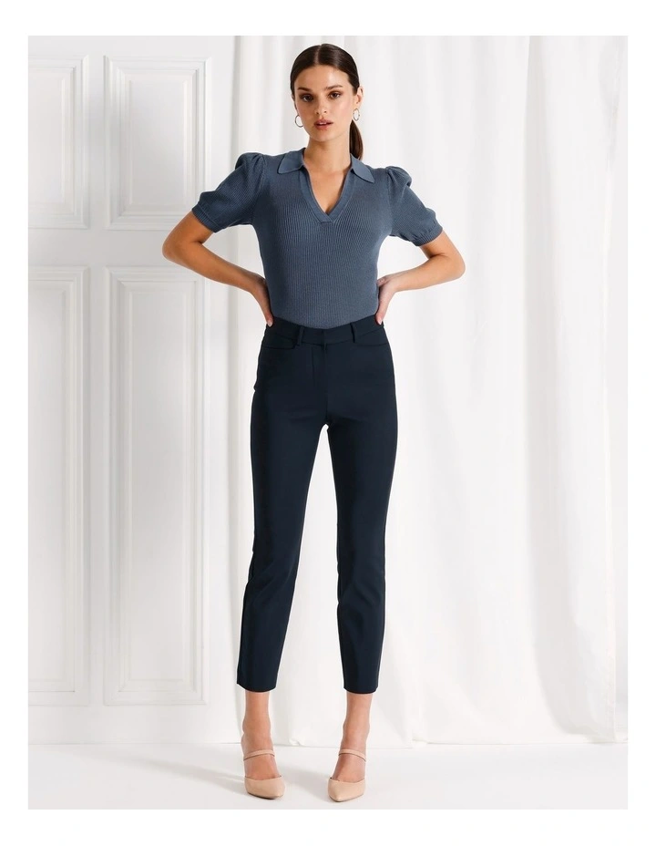 Maya Mid Rise Cropped Organic Blend Cotton Sateen Pants in Navy