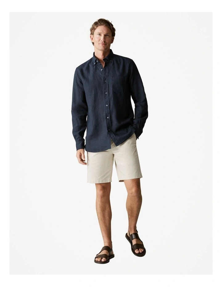 Regular Fit Linen Long Sleeve Shirt in Navy
