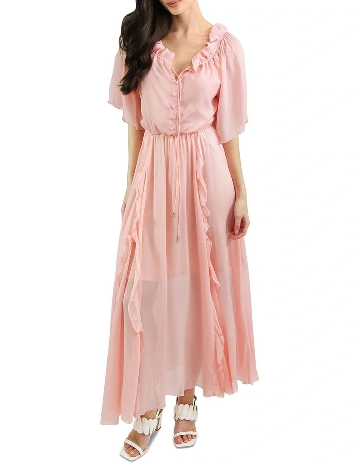 Amour Amour Ruffled Midi Dress in Rose Pink