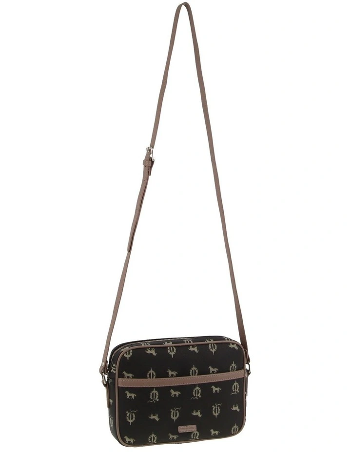 Canvas Print/Leather Trim Square Cross-body Bag in Black