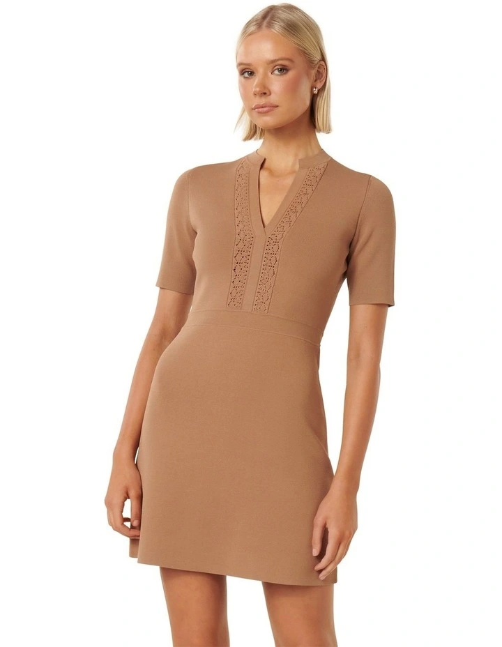 Leonie Lace Trim Knit Dress in Brown