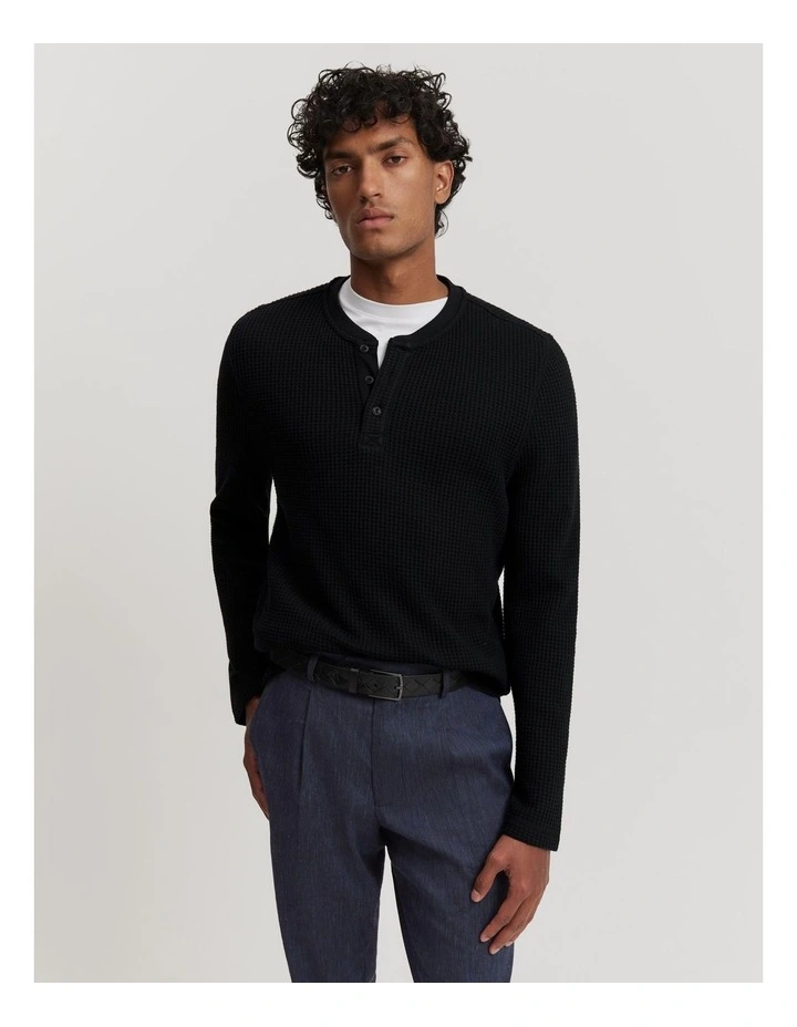 Australian Cotton Blend Waffle Henley in Black