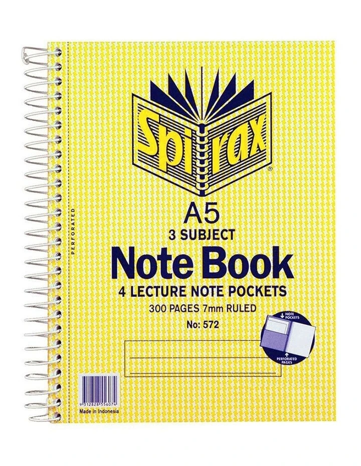A5 3 Subject School/Uni 300 Pages Notebook 21cm w/ Note Pockets