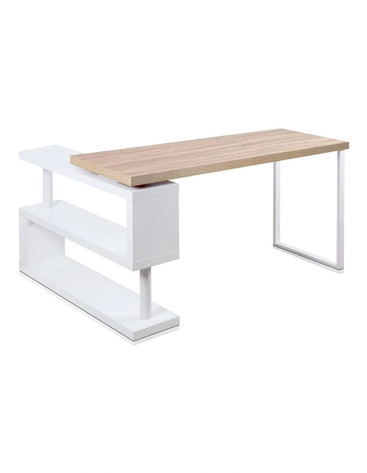 Rotary Corner Desk with Bookshelf Brown and White