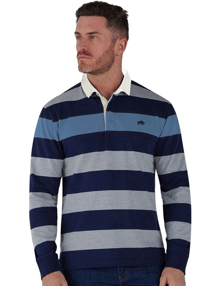 Irregular Stripe Long Sleeve Rugby Denim Shirt in Blue